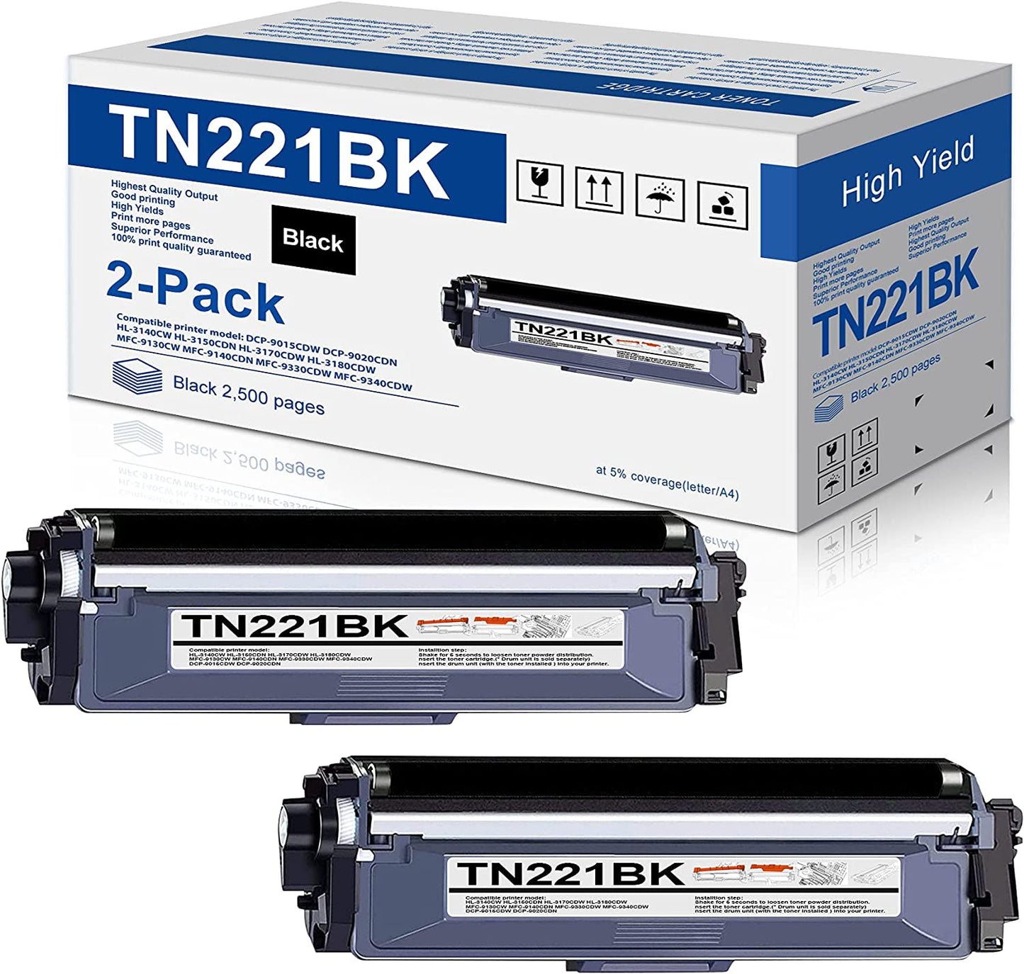 2-Pack TN221BK TN-221 Black Toner Cartridge Replacement for Brother TN221 TN-221BK MFC-9130CW HL-3170CDW HL-3140CW MFC-9330CDW Printer