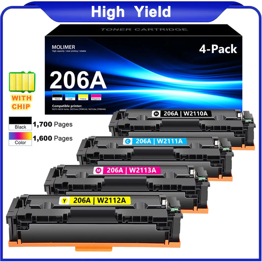 206A | W2110A 4 Pack-1BK+1C+1M+1Y Toner Cartridges (with Chip) Replacement for HP Pro M255dw M283cdw MFP Printers